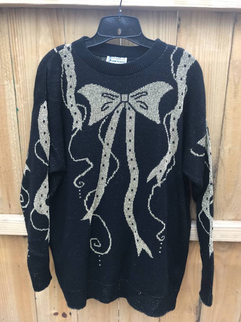 Vintage 80Er Jahre Schwarz Und Gold Bow Sweater/Schwarzer Oversized Weihnachtspullover Von A Jane Adams von MaxiGirlShop