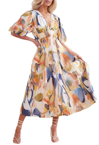 Maxigerui Maxikleid für Damen, Blumenmuster, Sommer, Herbst, Hochzeit, Gäste, F#blau-Aquarell-Druck, Mittel von Maxigerui