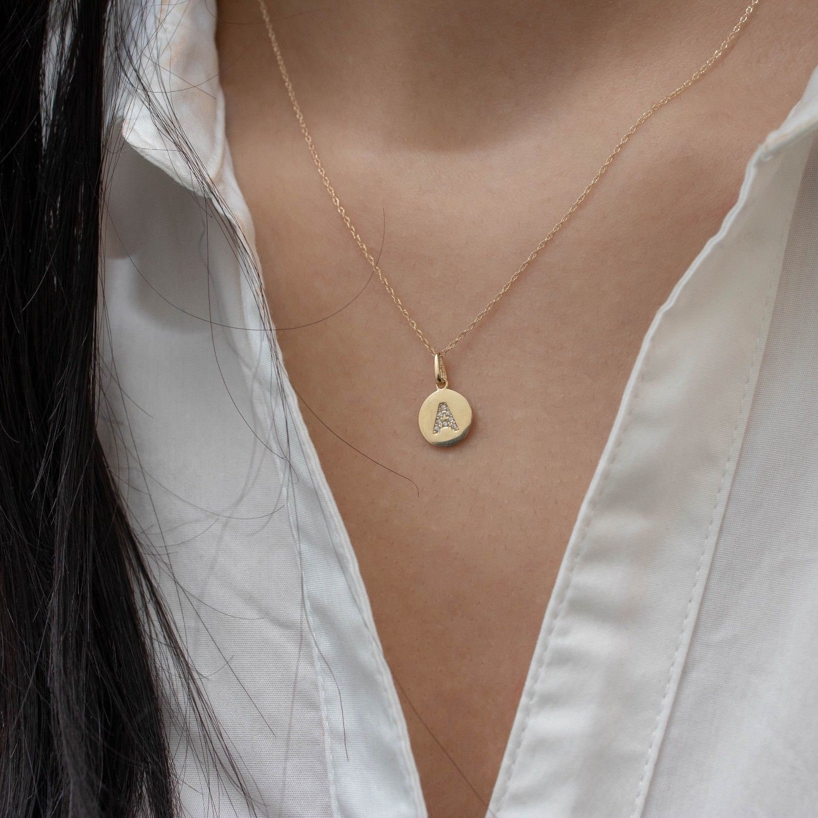 14K Solid Gelb Gold Anfang Erstellt Diamant Cz Buchstaben Charm Anhänger Für Halskette 9 Mm Runde Disc von MaximusJewelry