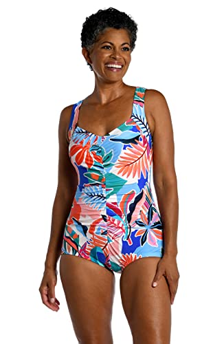 Maxine Of Hollywood Einteiliger Badeanzug für Damen, gerafft, vorne am Bein, Mehrfarbig/tropische Abstraktion, 42 von Maxine Of Hollywood