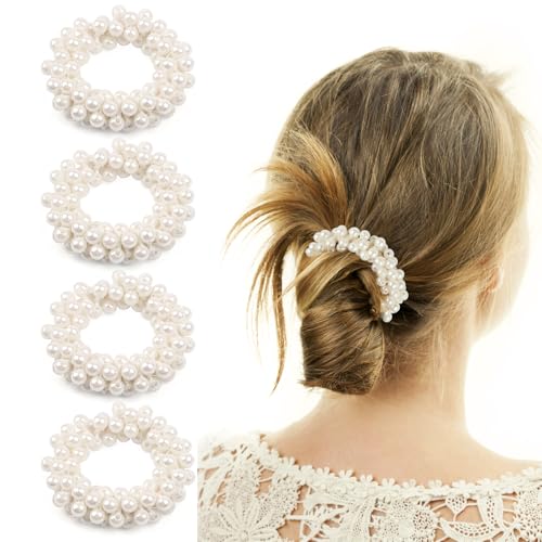 4 Stück Haargummi Perlen, Elastische Haargummi Damen, Scrunchies Zopfgummi mit Weiß Perlen, Pferdeschwanz Halter für Frauen Mädchen Dame Kinder Haarschmuck von Maxmoc
