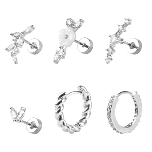Maxmoc Helix Piercings Set, 6 Stück Ohrringe Silber, Ohrstecker Chirurgenstahl, Creolen Hypoallergen, Zirkonia Conch Piercing für Damen Mädchen Schmuck von Maxmoc