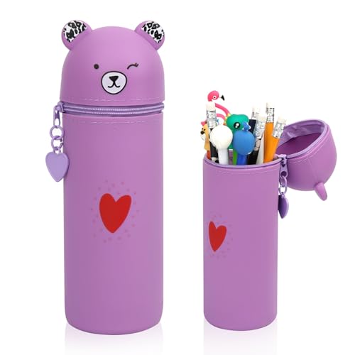 Maxmoc Kawaii Federmäppchen,2 in 1 Mäppchen aus Weichem Silikon,Ständer Schlampermäppchen,Cartoon Stifteköcher für Mädchen Teenager(violett) von Maxmoc