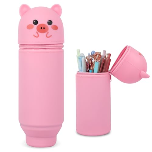 Maxmoc Kawaii Federmäppchen,2 in 1 Mäppchen aus Weichem Silikon,Ständer Schlampermäppchen,Cartoon Stifteköcher für Mädchen Teenager (Rosa-Pig) von Maxmoc