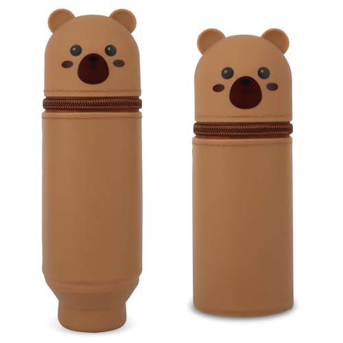 Maxmoc Kawaii Federmäppchen,2 in 1 Mäppchen aus Weichem Silikon,Ständer Schlampermäppchen,Cartoon Stifteköcher für Mädchen Teenager (braun) von Maxmoc