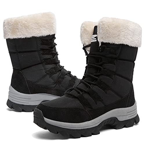 Schneestiefel Damen Winterstiefel Fell Gefüttert Wasserdicht Wanderschuhe Leichte Outdoor Stiefeletten Damen Warme Schuhe Anti-Rutsch Mid Calf Boots Mädchen, Schwarzweiß von Maxome