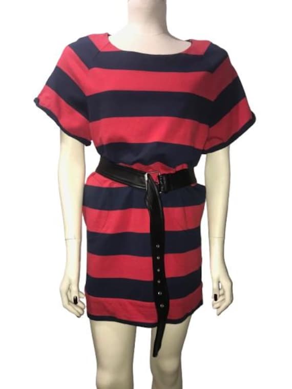 Alexander Mcqueen Seltenes Vintage-Minikleid Aus Baumwolle, Rote Und Blaue Streifen, Mit 2 Taschen, Umgeben Von Kreisstichen #alexandermcqueen von Maxsuperhero