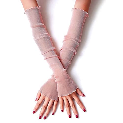 Maxtonser Ultradünne, durchsichtige Netz-Handschuhe für Damen und Mädchen, lange Spitze, Metallic-Rosa von Maxtonser