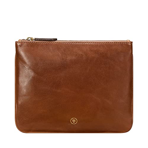Maxwell Scott - Damen Luxus Designer Leder Flache Kosmetiktasche Handtasche - Handgefertigt aus italienischen Vollnarbenhäuten - The Zeta Cognac von Maxwell Scott