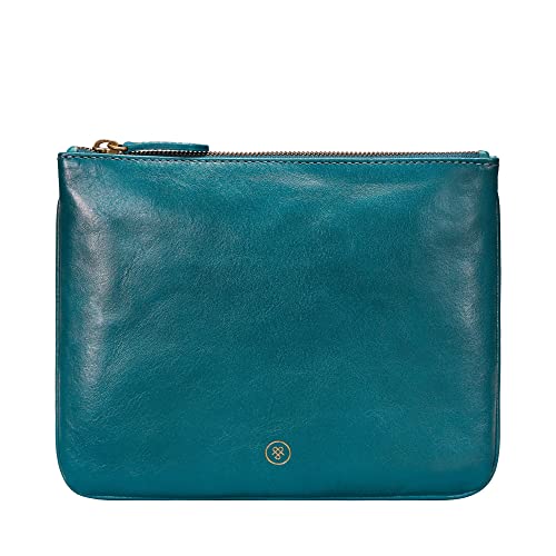 Maxwell Scott - Damen Luxus Designer Leder Flache Kosmetiktasche Handtasche - Handgefertigt aus italienischen Vollnarbenhäuten - The Zeta Petrol Blau von Maxwell Scott