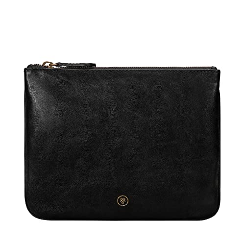 Maxwell Scott - Damen Luxus Designer Leder Flache Kosmetiktasche Handtasche - Handgefertigt aus italienischen Vollnarbenhäuten - The Zeta Schwarz von Maxwell Scott