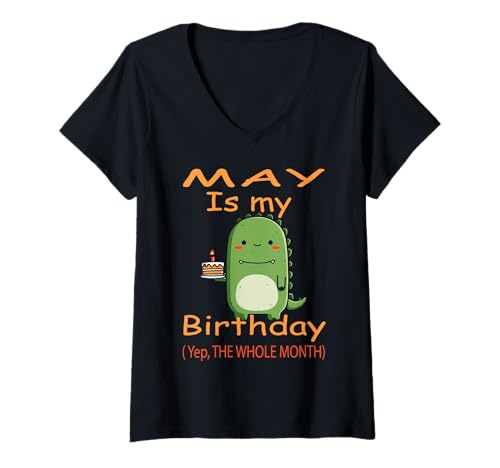 Damen Mai Geburtstag Dinosaurier mit Kuchen Lustiger Geburtstag T-Shirt mit V-Ausschnitt von May Dinosaur Birthday Cake