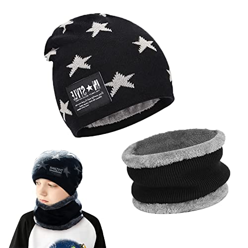 May Huang Kinder Wintermütze, Beanie Mütze und Schlauchschal, mit Fleecefutter Mütze Schal Sets, Winter Verdicken Fleece Thermisch für Jungen Mädchen Passgenau für 5-14 Jahre (Schwarz) von May Huang