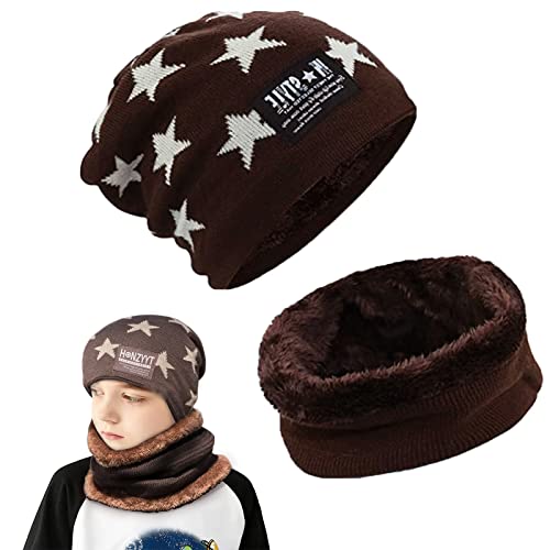 May Huang Kinder Wintermütze, Beanie Mütze und Schlauchschal, mit Fleecefutter Mütze Schal Sets, Winter Verdicken Fleece Thermisch für Jungen Mädchen Passgenau für 5-14 Jahre (braun) von May Huang