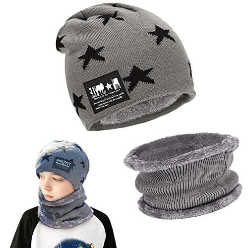 May Huang Kinder Wintermütze, Beanie Mütze und Schlauchschal, mit Fleecefutter Mütze Schal Sets, Winter Verdicken Fleece Thermisch für Jungen Mädchen Passgenau für 5-14 Jahre (grau) von May Huang