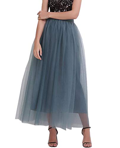 Damen Mädchen Lang Tüllrock Hoher Taille Maxirock Faltenrock 4 Schichten Tutu Prinzessin Hochzeit Party Abendrock (One Size, Dunkelgrau) von May Story