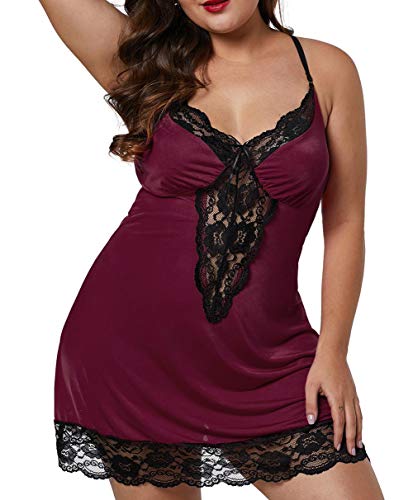 May Story Damen Negligee mit Spitze V-Ausschnitt Rückenfrei Halfter Unterwäsche Nachtwäsche Dessous Babydoll Kleid (3XL EU54-56, Weinrot) von May Story