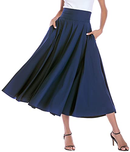 May Story Damen Retro Maxirock Hoher Taille Rockabilly Rock Lang Festlich Tellerrock Faltenrock (L (EU44-46), Blau) von May Story