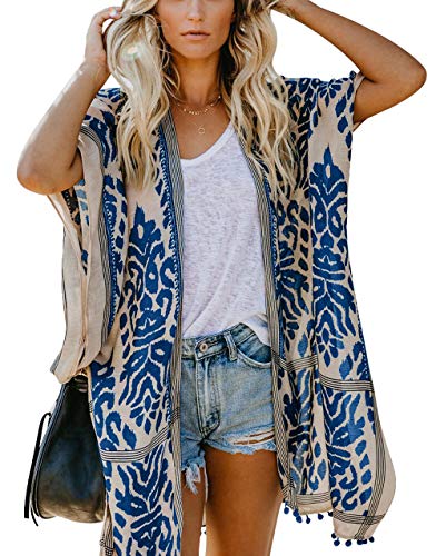 May Story Damen Sommer Kimono Cardigan Lässige Strand Poncho Retro Bedruckte Kurzarm Lange Bluse Tops Pareos Beachwear (One Size, Blau) von May Story