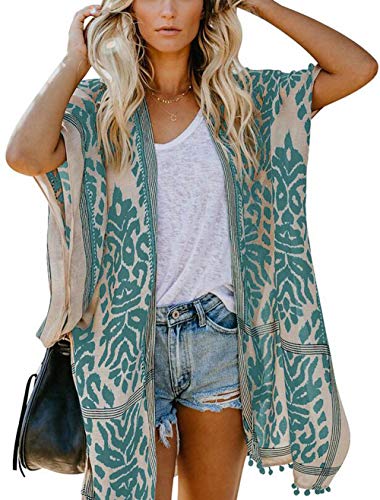 May Story Damen Sommer Kimono Cardigan Lässige Strand Poncho Retro Bedruckte Kurzarm Lange Bluse Tops Pareos Beachwear (One Size, Grün) von May Story