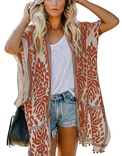 May Story Damen Sommer Kimono Cardigan Lässige Strand Poncho Retro Bedruckte Kurzarm Lange Bluse Tops Pareos Beachwear (One Size, Orange) von May Story