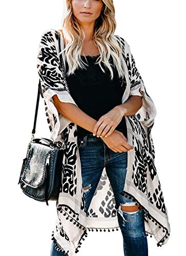 May Story Damen Sommer Kimono Cardigan Lässige Strand Poncho Retro Bedruckte Kurzarm Lange Bluse Tops Pareos Beachwear (One Size, Schwarz) von May Story