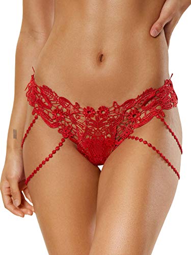 May Story Damen Spitze String Tanga Sexy Perlen Chains Bestickte Cutout Panty Unterwäsche Unterhosen (Large, Rot) von May Story