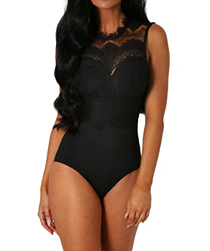 May Story Damen Weiß Rückenfrei Spitze Bodysuit Damenbody ärmellos Elegant Oberteil (M EU40-42, Schwarz) von May Story