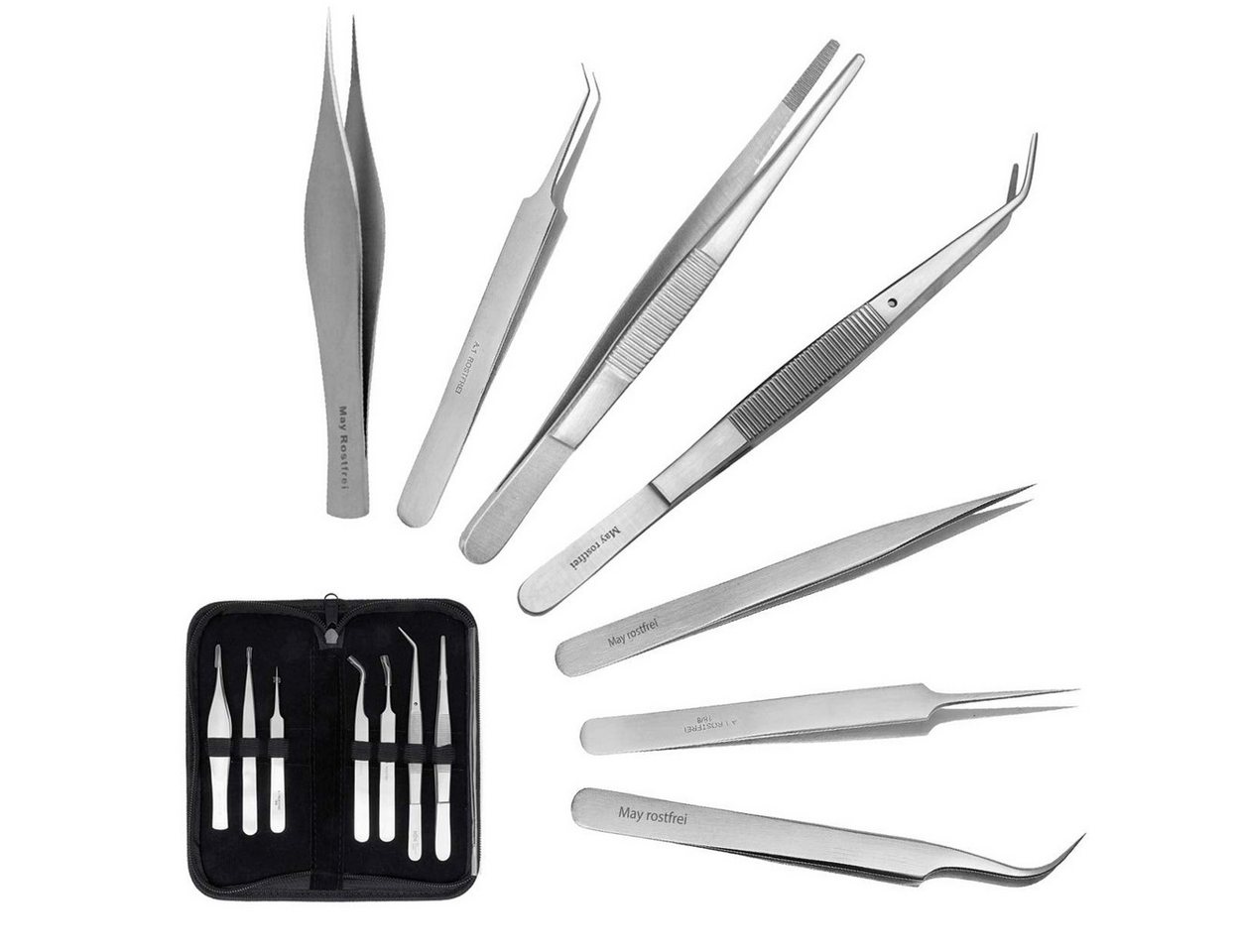 May Präzisionspinzette Hochwertiges 7-teiliges Edelstahl Präzisions Pinzetten Set – Ideal von May