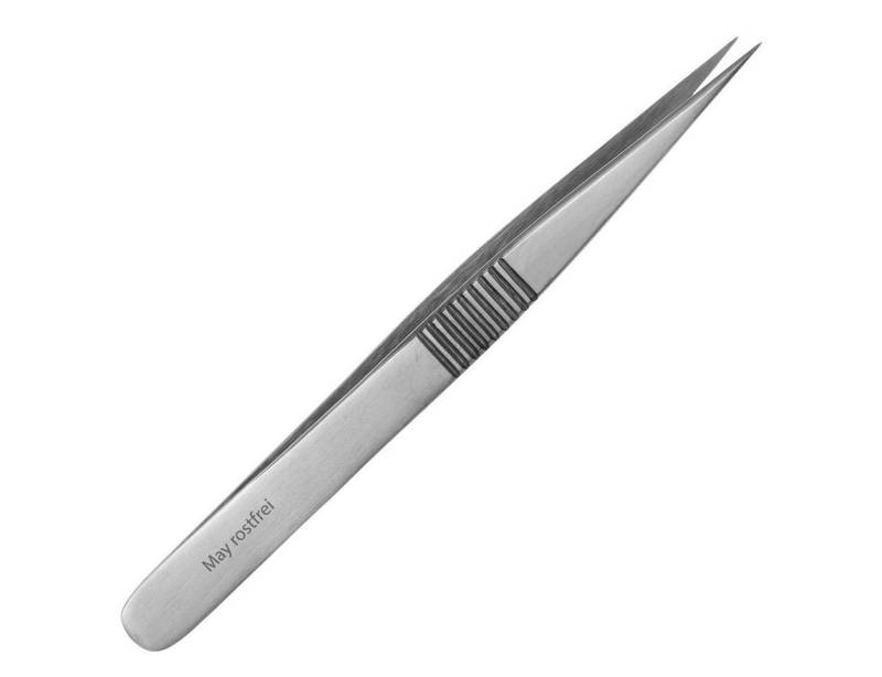 May Präzisionspinzette Splitterpinzette - geriefter Griff - spitz - Edelstahl von May
