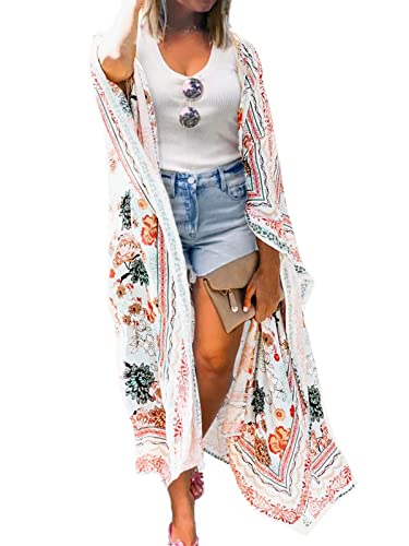 MayBuy Damen Sommer Lang Flowy Kimono Cardigan Boho Chiffon Floral Strand Cover Up Tops, 0-blumig1/mehrfarbig, Mittel von MayBuy