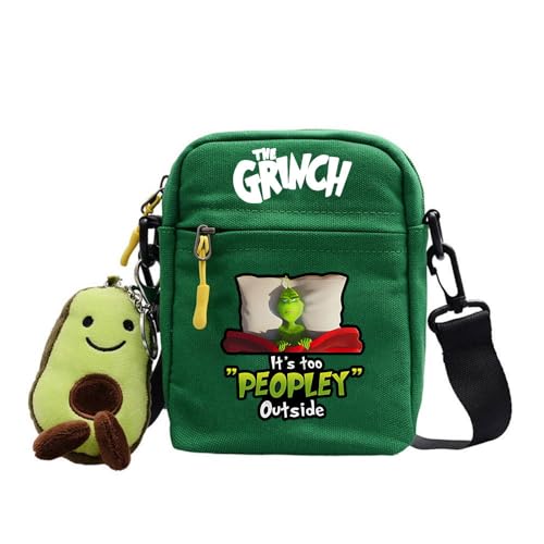 Weihnachts Grinch Schultertasche, Kleine Quadratische Tasche, Grüne Grinch Cartoon Leinentasche, Kinder Reisetasche Kreative Schultertasche Für Studenten (C) von MayDee