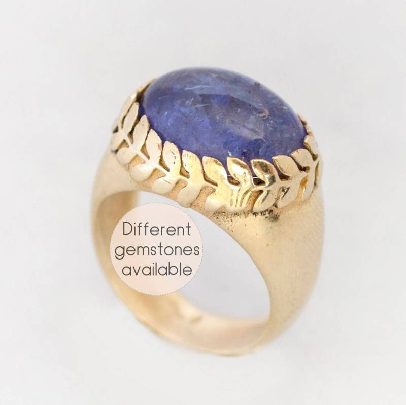 14K Gold Blau Edelstein Boho Ring, Handwerker Statement Jubiläumsring Von Ehemann, Einzigartiger Solitär Weinblatt Kyanit Ring von MayDesigners