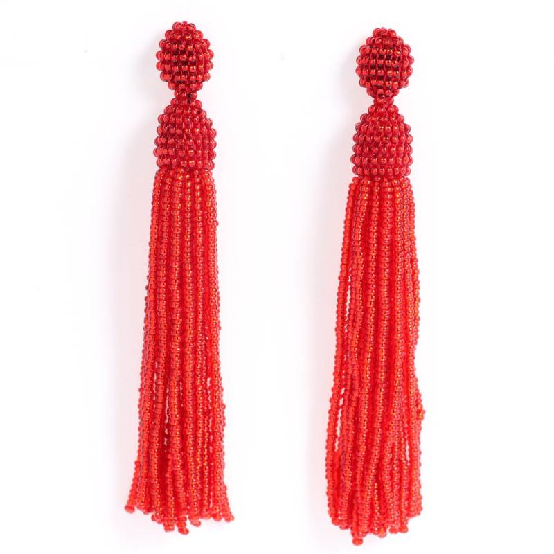 Klare Rote Perlen Quaste Ohrringe, Oscar De La Renta Stil Ohrstecker, Lange Statement Drop Fransen, Boho Geschenk von MayDiyJewelry