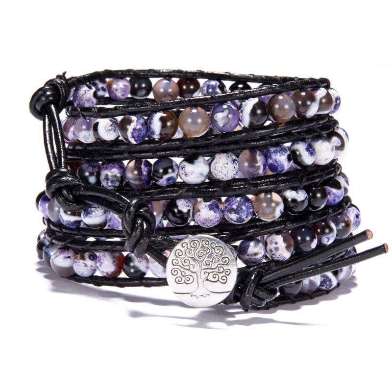 Wickelarmband Aus Leder Mit Achatperlen, Runde Lila Feuerachat-Edelsteinperle, Baum Des Lebens-Knopfes, Boho, Handgewebtes Langes Verstellbares von MayDiyJewelry