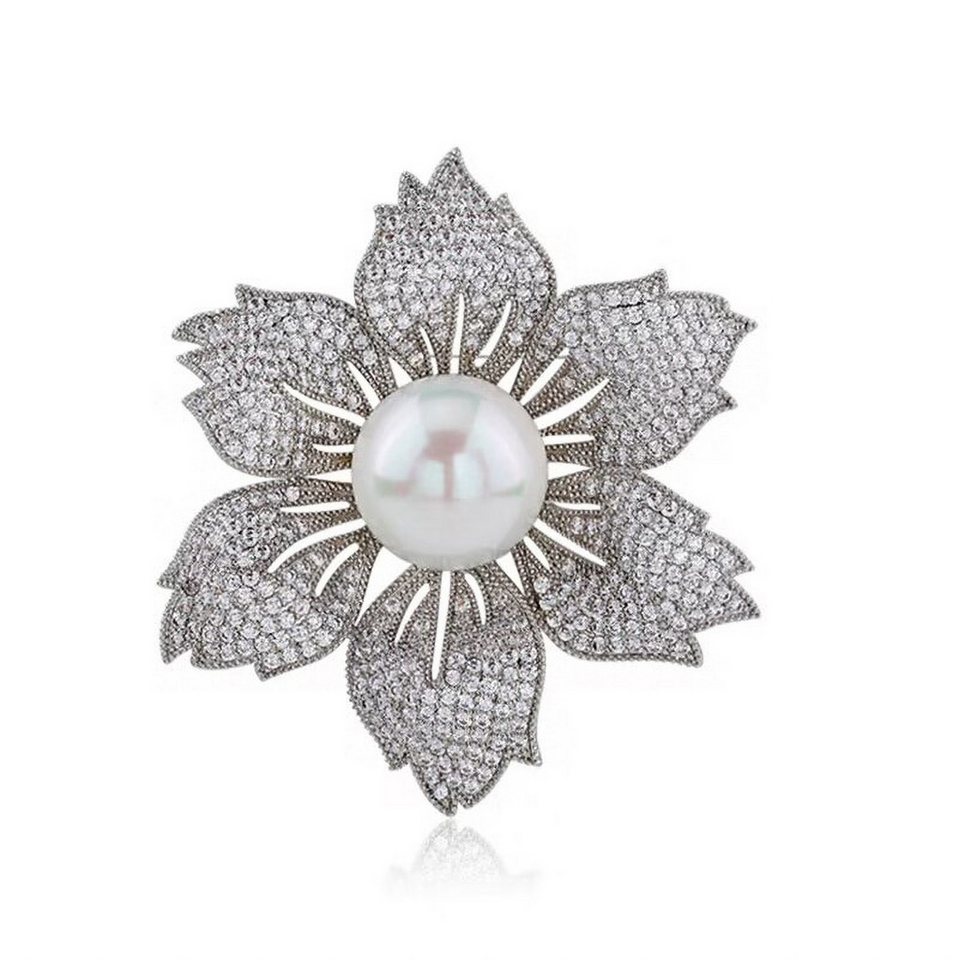 MayTree Brosche "Kamelien" (Stück, 1-tlg), Metallbrosche silber mit Glassteinen, Strass und einer Zierperle von MayTree