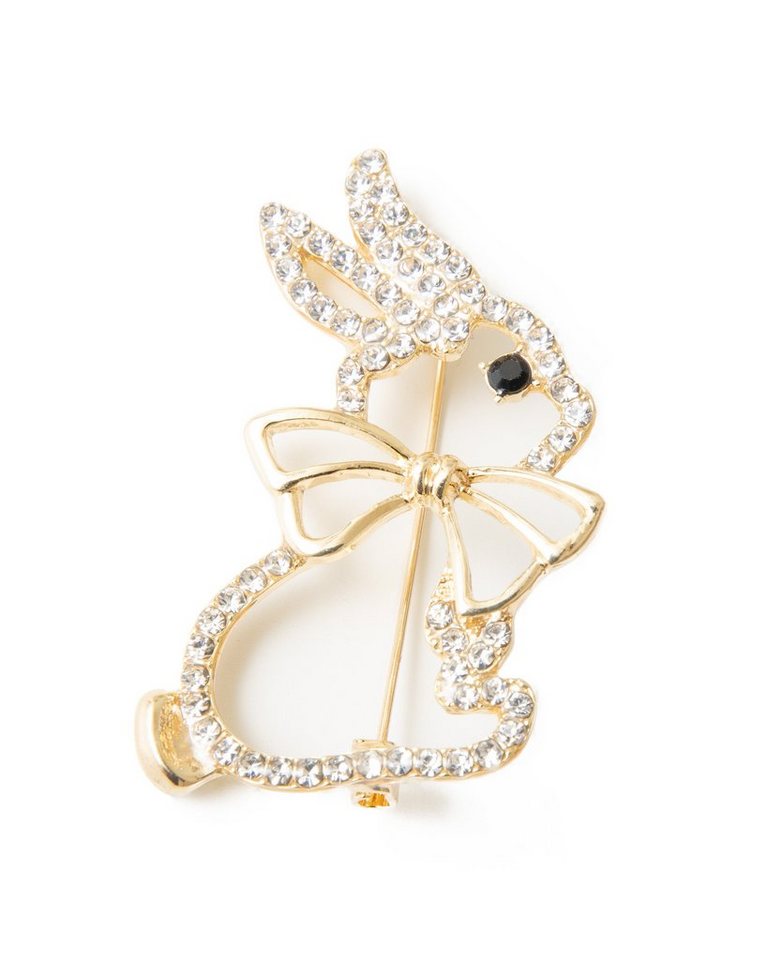 MayTree Brosche Hase mit Schleife", mit Strass (Stück), goldfarbene Metallbrosche mit Strass-Steinen für Damen" von MayTree