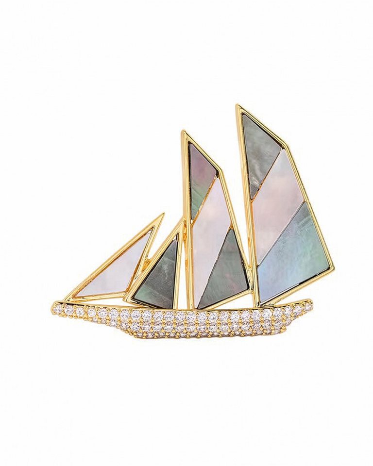 MayTree Brosche Premium "Segelboot" Perlmut (Stück, 1-tlg), Metallbrosche mit Zirkonia und Perlmut von MayTree