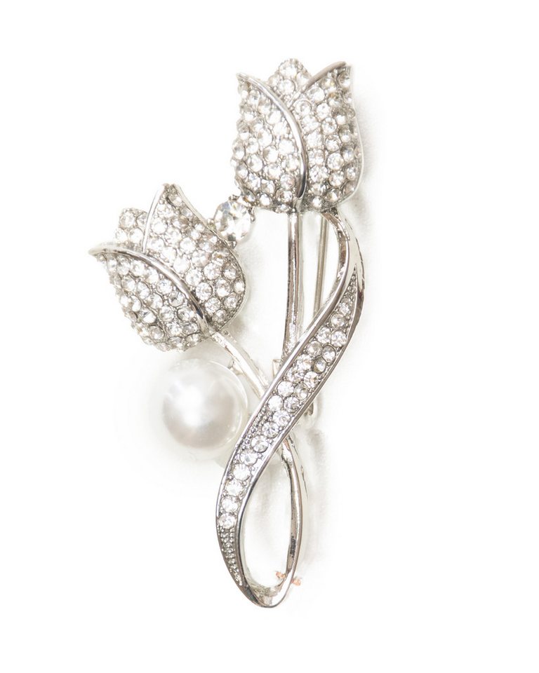 MayTree Brosche "Tulpen", weiß mit Strass und einer Zierperle (Stück, 1-tlg), Metallbrosche mit Strass und einer Zierperle von MayTree