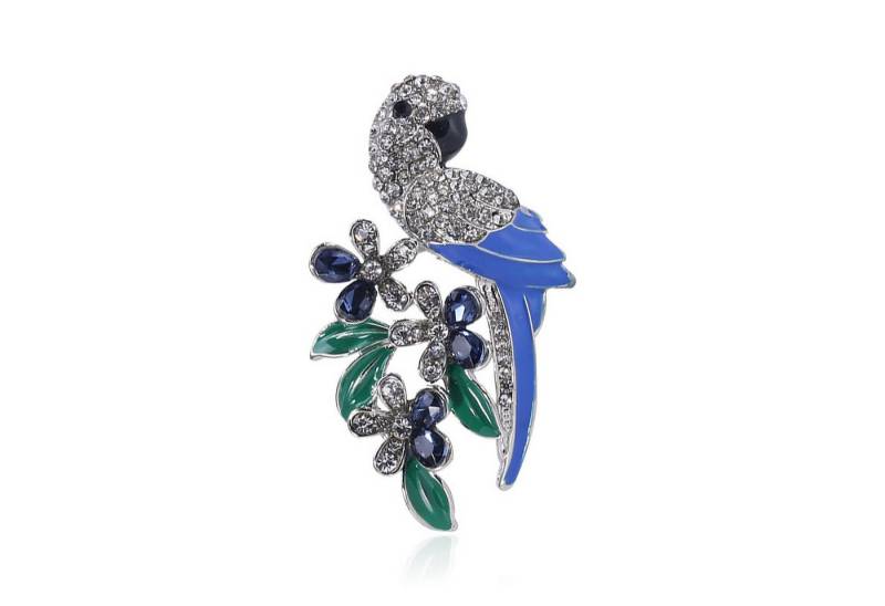 MayTree Brosche "blauer Papagei" mit Blütenzweig (Stück, 1-tlg), Metallbrosche in Form eines blauen Papagei, mit Blütenzwei aus Strass von MayTree