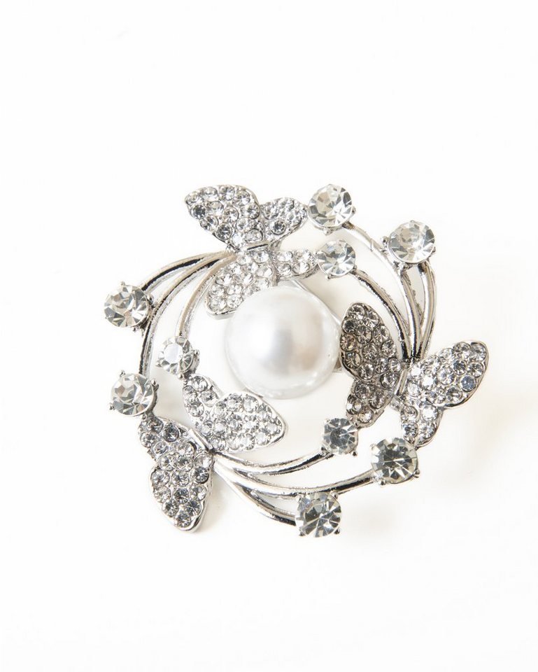 MayTree Brosche "drei Schmetterlinge", mit Strass und einer Zierperle (1-tlg), Metallbrosche mit Strass, drei Schmetterlinge mit weißer Zierperle von MayTree