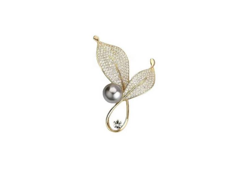 MayTree Brosche "goldene Blätter", mit Strass und einer Zierperle (Stück, 1-tlg), Metallbrosche mit Strass und einer Zierperle von MayTree