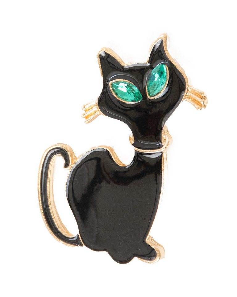 MayTree Brosche "schwarze Katze" mit grünem Strass (Stück, 1-tlg), Metallbrosche in Form schwarze Katze von MayTree