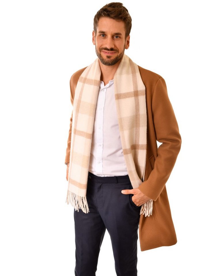 MayTree Kaschmirschal Unisex, 180 x 30cm, mit Fransen, kariert Hellbraun Weiss, (Stück, 1-St), 100% Kaschmir von MayTree