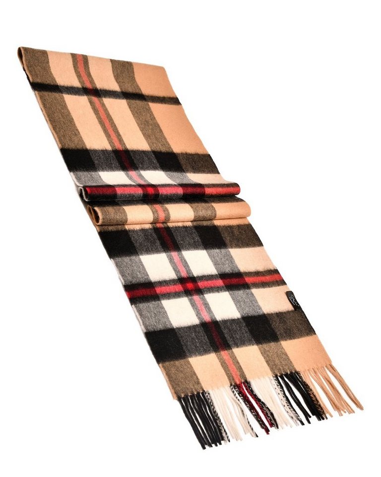 MayTree Kaschmirschal Unisex, 180 x 30cm, mit Fransen, kariert Tartan Camel rot, (Stück, 1-St), 100% Kaschmir von MayTree