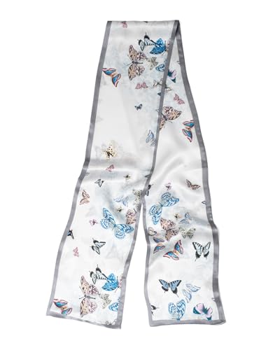 MayTree Seidenschal schmal beidseitig, Schmetterlinge blau grau 16 x 145cm von MayTree