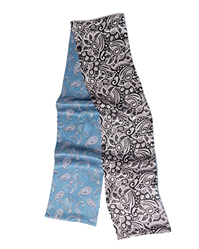 MayTree Seidentuch, schmaler, bunter Seidenschal, Halstuch oder Haarband für Damen aus 100% Maulbeer-Seide,Paisley, blau, schwarz weiß, beidseitig 16 x 145 cm von MayTree