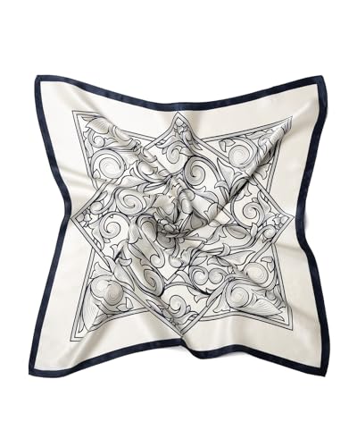 MayTree Seidentuch aus 100% Maulbeer-Seide - Quadratisch Floral dunkelblau weiß 53x53 - Luxuriöses Damen Halstuch - Eleganter Bandana-Schal für Damen - Luxus und Komfort für Erwachsene von MayTree