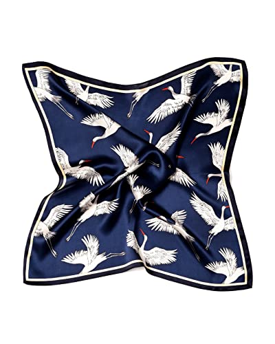 MayTree Seidentuch aus 100% Maulbeer-Seide - Quadratisch Kranich dunkelblau 53x53 - Luxuriöses Damen Halstuch - Eleganter Bandana-Schal für Damen - Luxus und Komfort für Erwachsene von MayTree