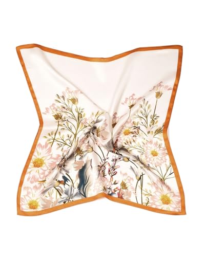 MayTree Seidentuch aus 100% Maulbeer-Seide - Quadratisch Sommerblüte Margeriten rosa orange weiß 53x53 - Luxuriöses Damen Halstuch - Eleganter Bandana-Schal - Luxus und Komfort für Erwachsene von MayTree